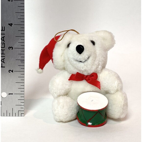 Vintage Applause White Plush Bear Christmas Tree Ornament Drummer Band Holiday - Picture 3 of 5